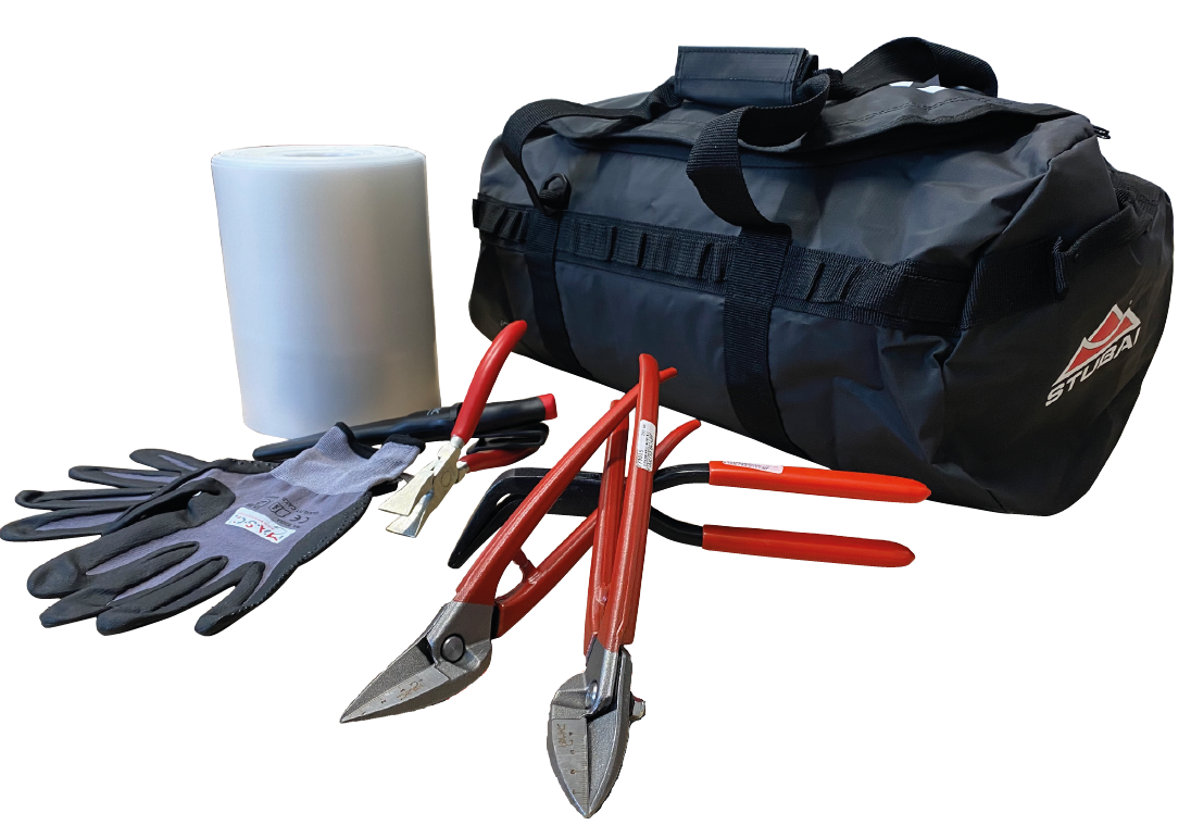 Actiepakket MASC (12x handschoenen, 1 blikschaar links en rechts, vouwtang 30 mm, vouwtang 20 mm, mes, provisorische regenpijp + tas)